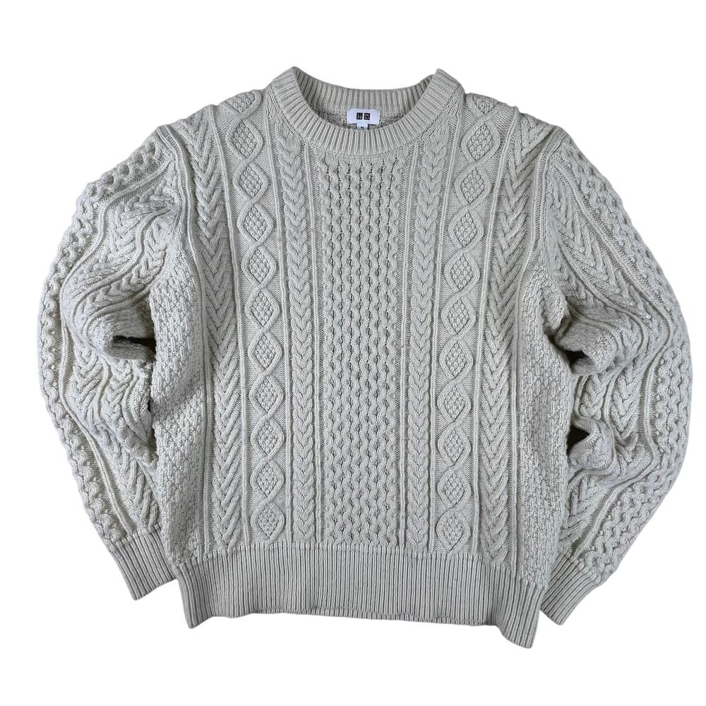 Uniqlo Cable Knit Sweater Womens M Cream Fisherman Chunky Pullover Cozy Knit Top